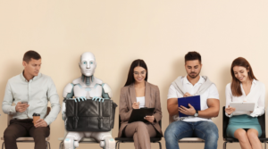 Mensch und Roboter bei Bewerbungsgespräch im Wartebereich.